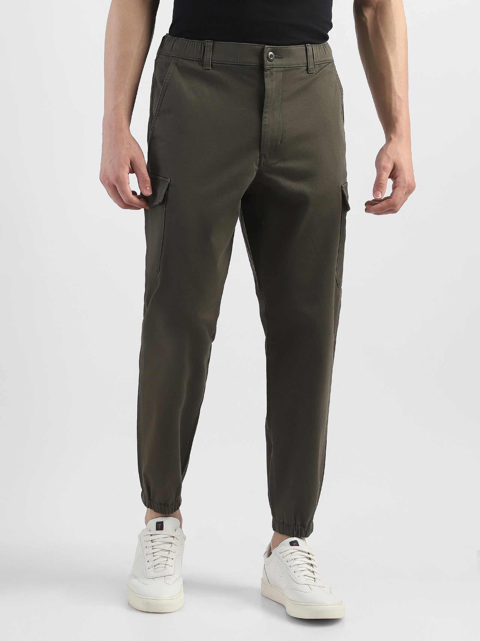 Men Cotton Blend Olive Cargo Pants with 6 Pockets