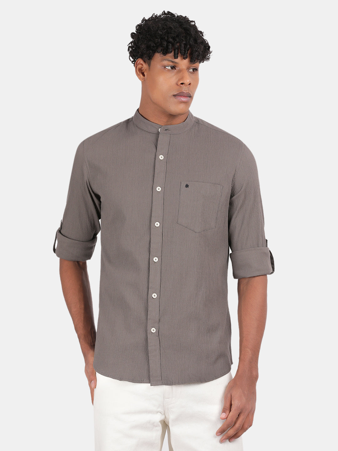 Men Grey Slim Fit Mandarin Collar Full Sleeve Casual Shirt