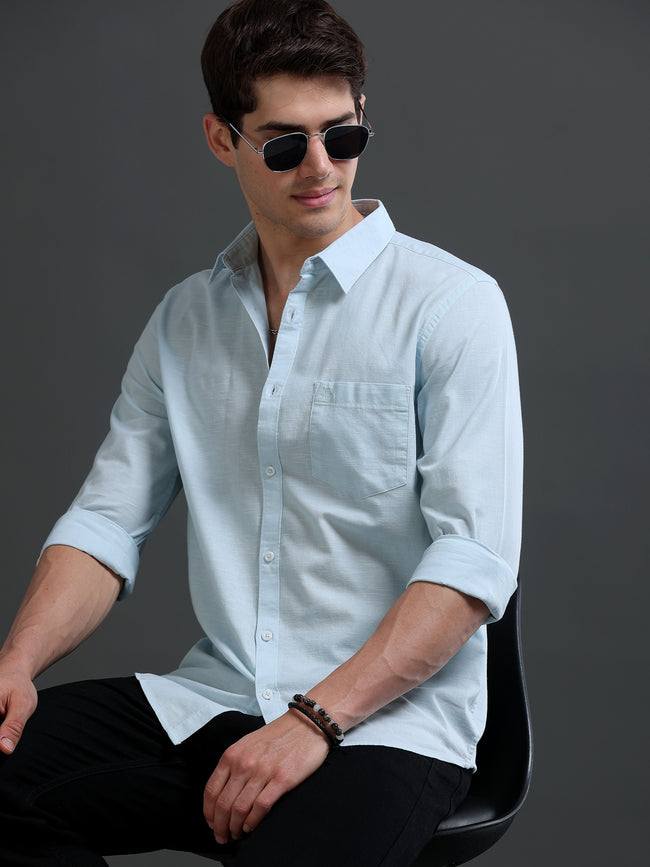 Men Blue Slub Solid Shirt