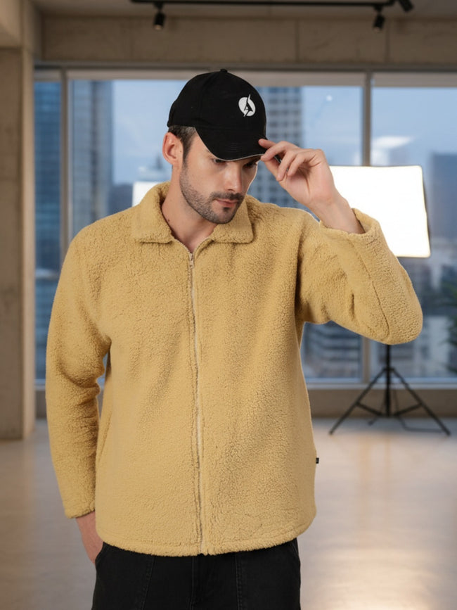 Men Cream Sherpa Solid Oversized Jacket