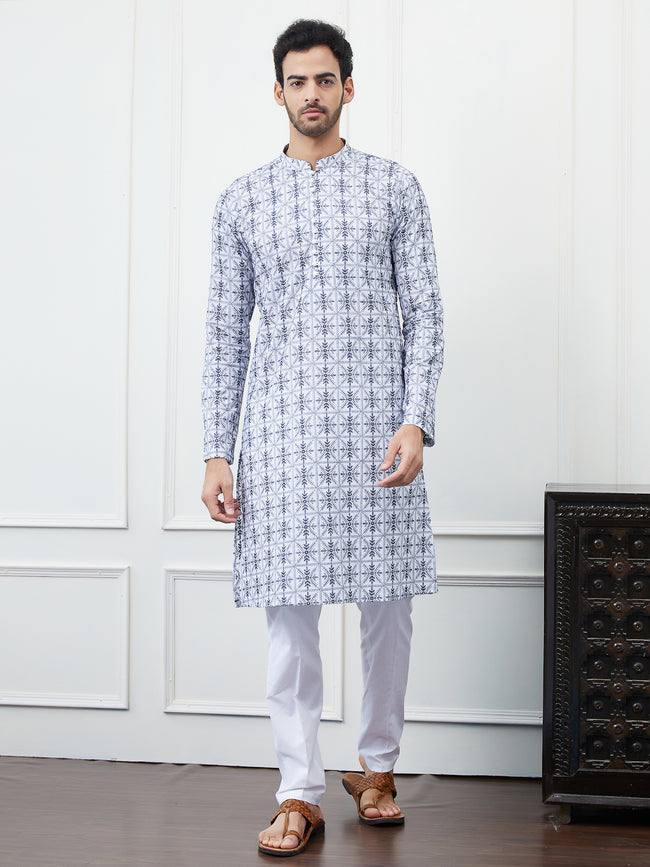 Men Blue Chikankari Embroidered Cotton Kurta