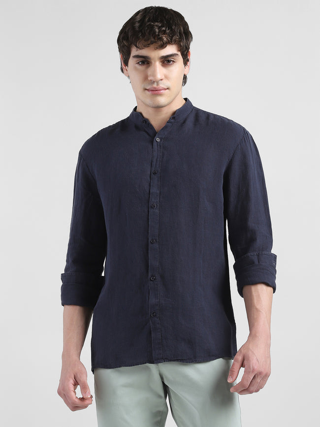 Men 100% Linen Navy Regular Fit  Shirt