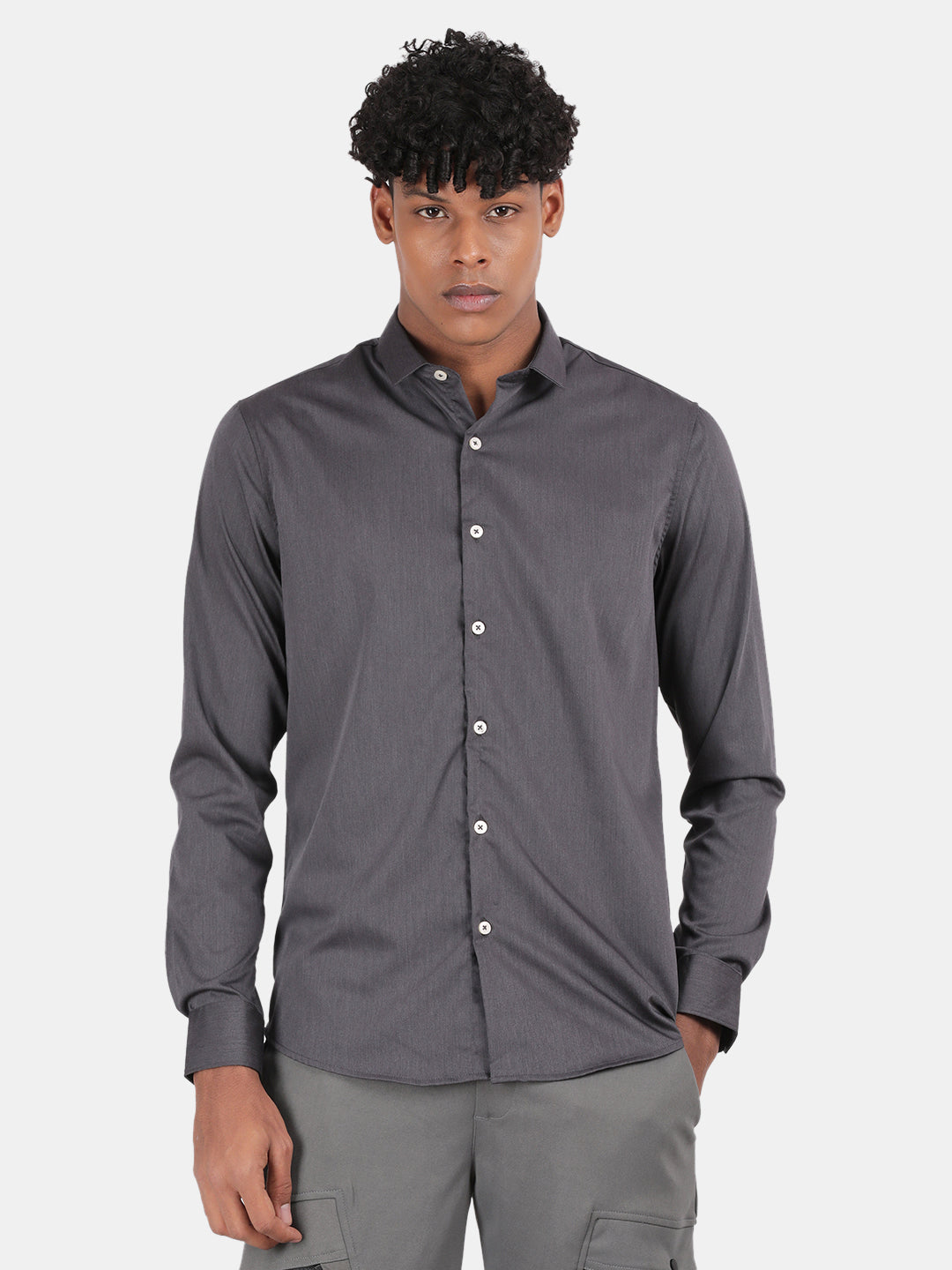 Men Charcoal Slim Fit Spread Collar Full Sleeve Casual Shirt