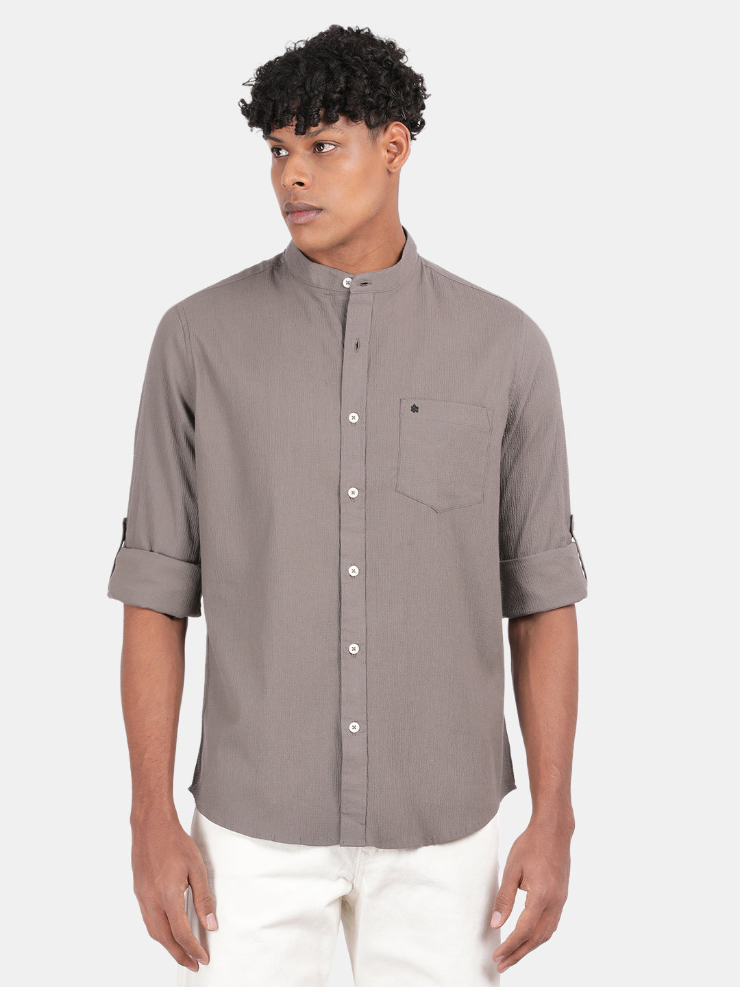 Men Dark Grey Slim Fit Mandarin Collar Full Sleeve Casual Shirt