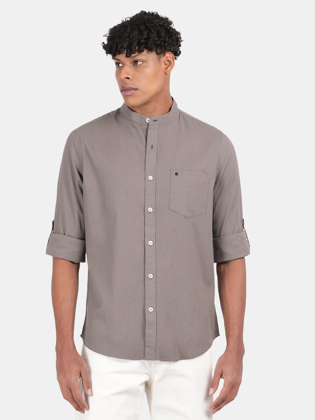 Men Dark Grey Slim Fit Mandarin Collar Full Sleeve Casual Shirt