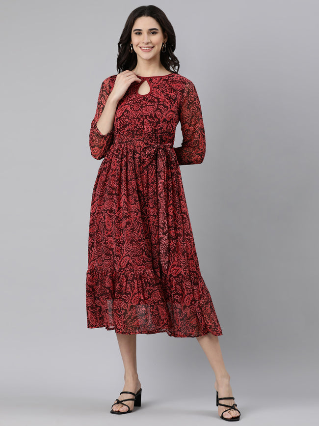Women Maroon Floral Chiffon Dress