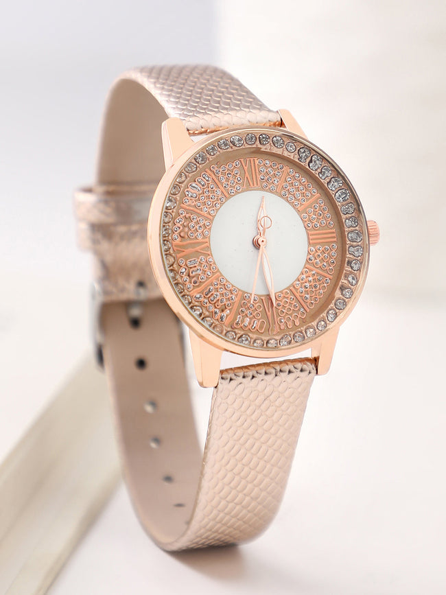 Crystal Stone Analog Round Dial With Gold Textured Leather Strap