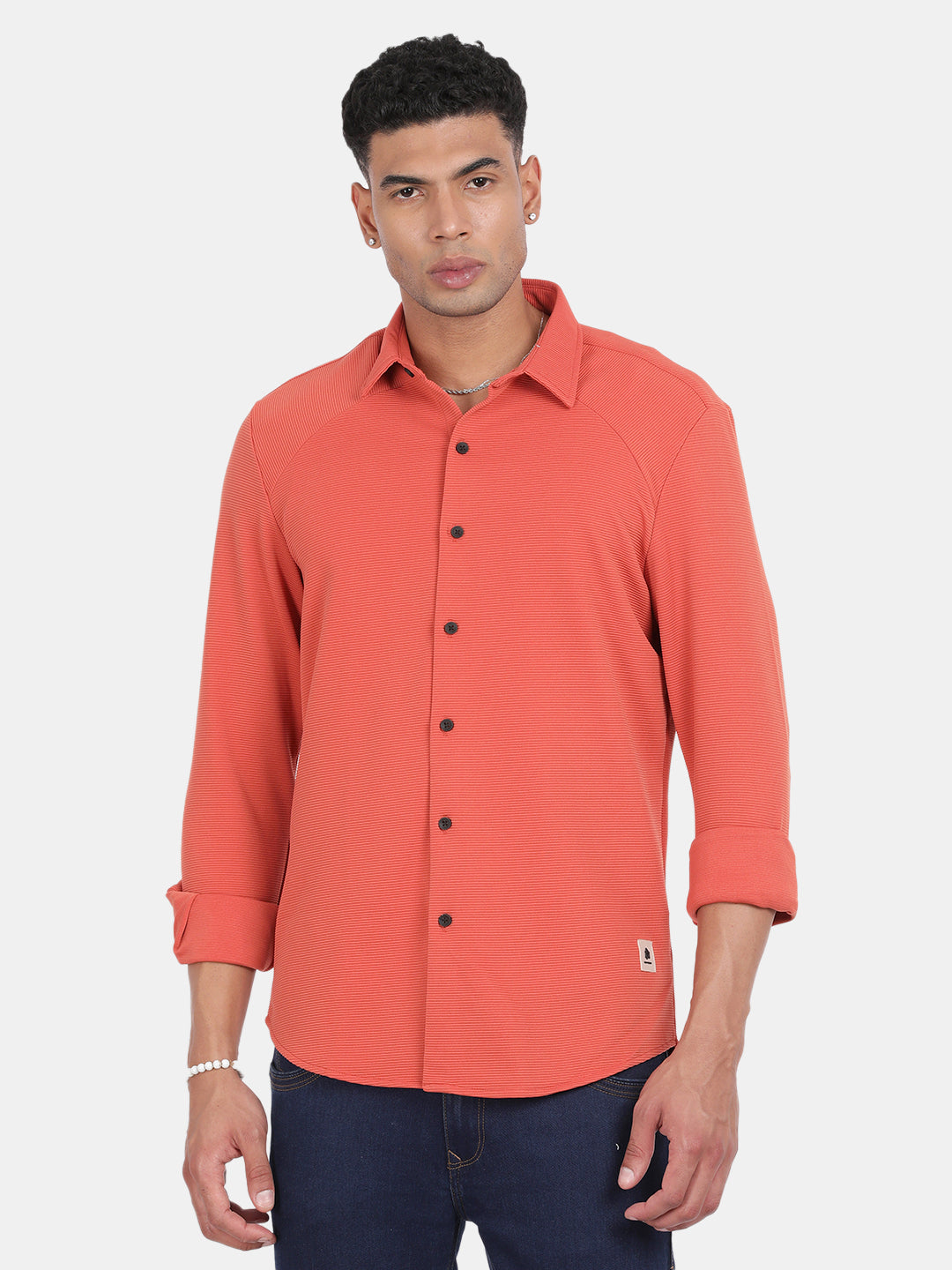 Men Peach Slim Fit Spread Collar Full Sleeve Casual Shirt