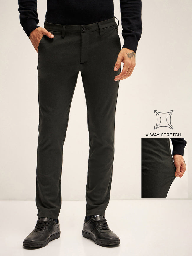 Men Olive Solid 4 Way Stretch Formal Trouser