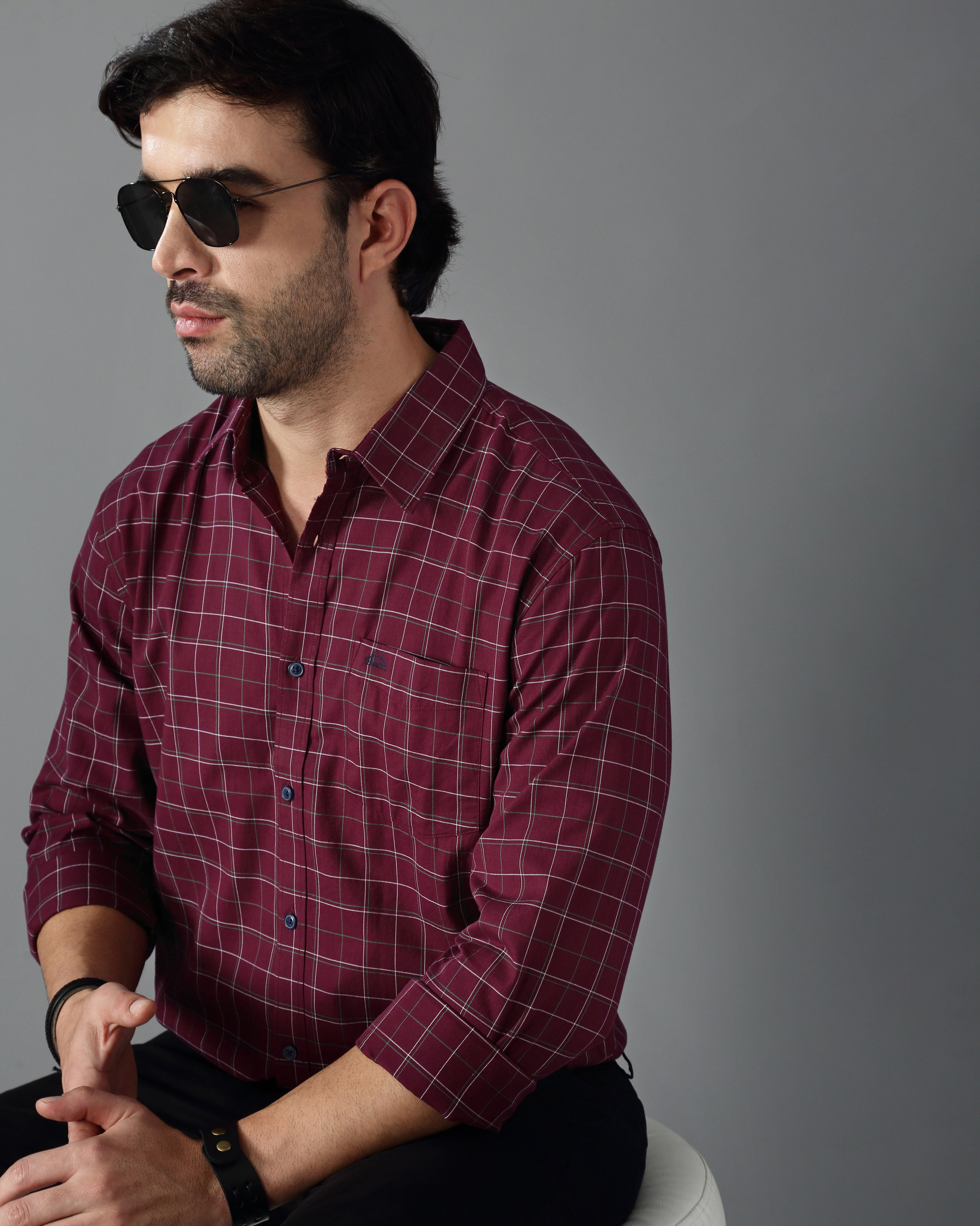 Men Burgundy Twill Checked Shirt