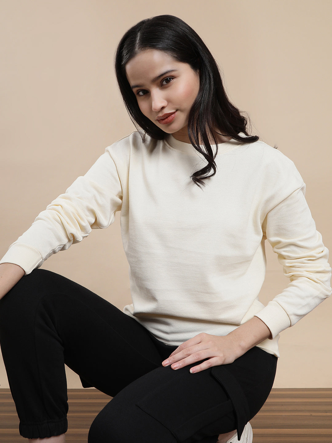Women Cream Casual Sweatshirt