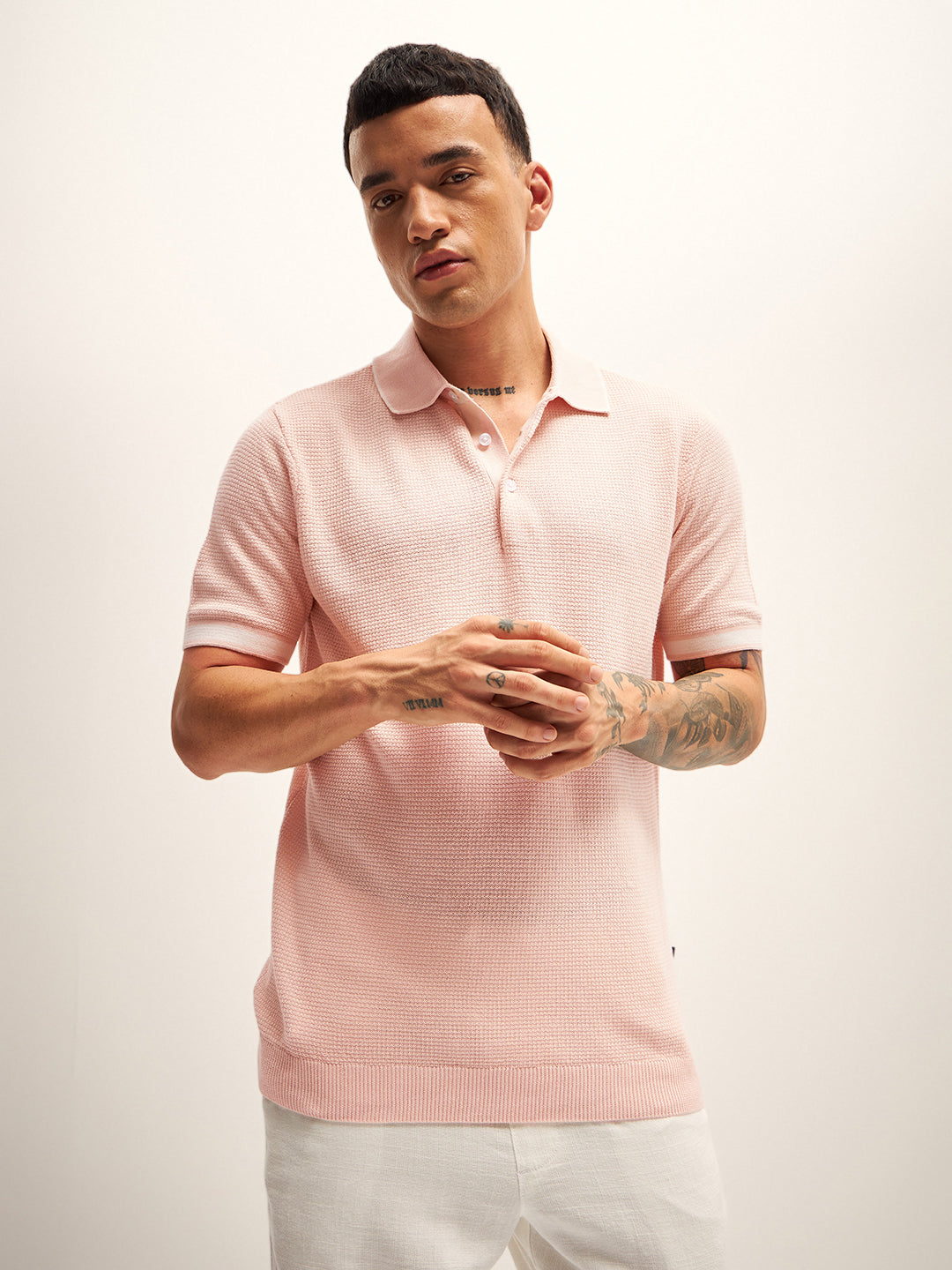 Men Peach Self Design Regular Fit Polo T-Shirt