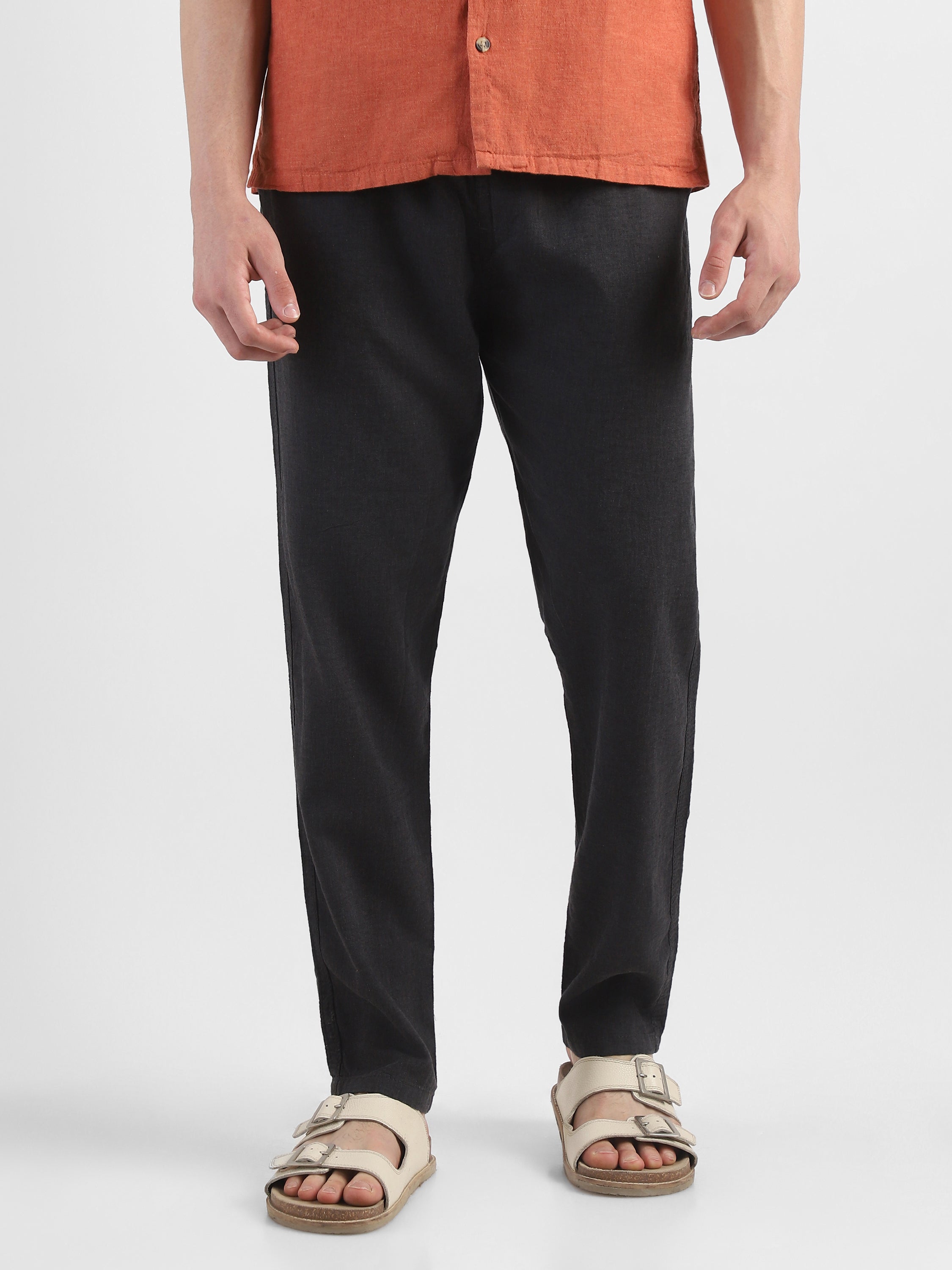 Men Black Cotton Blend Comfort Fit Pants