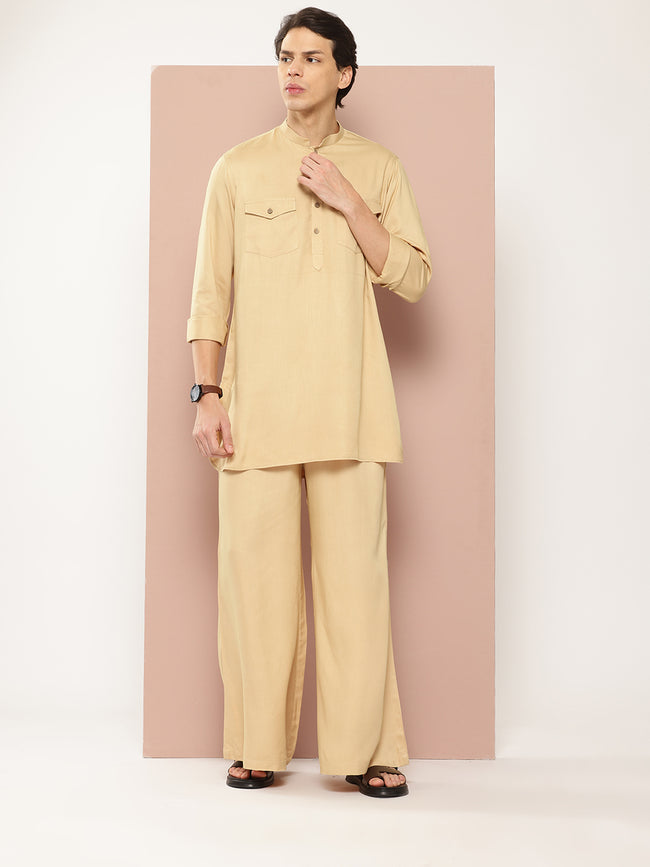 Men Beige Rayon Solid Pathani Sets