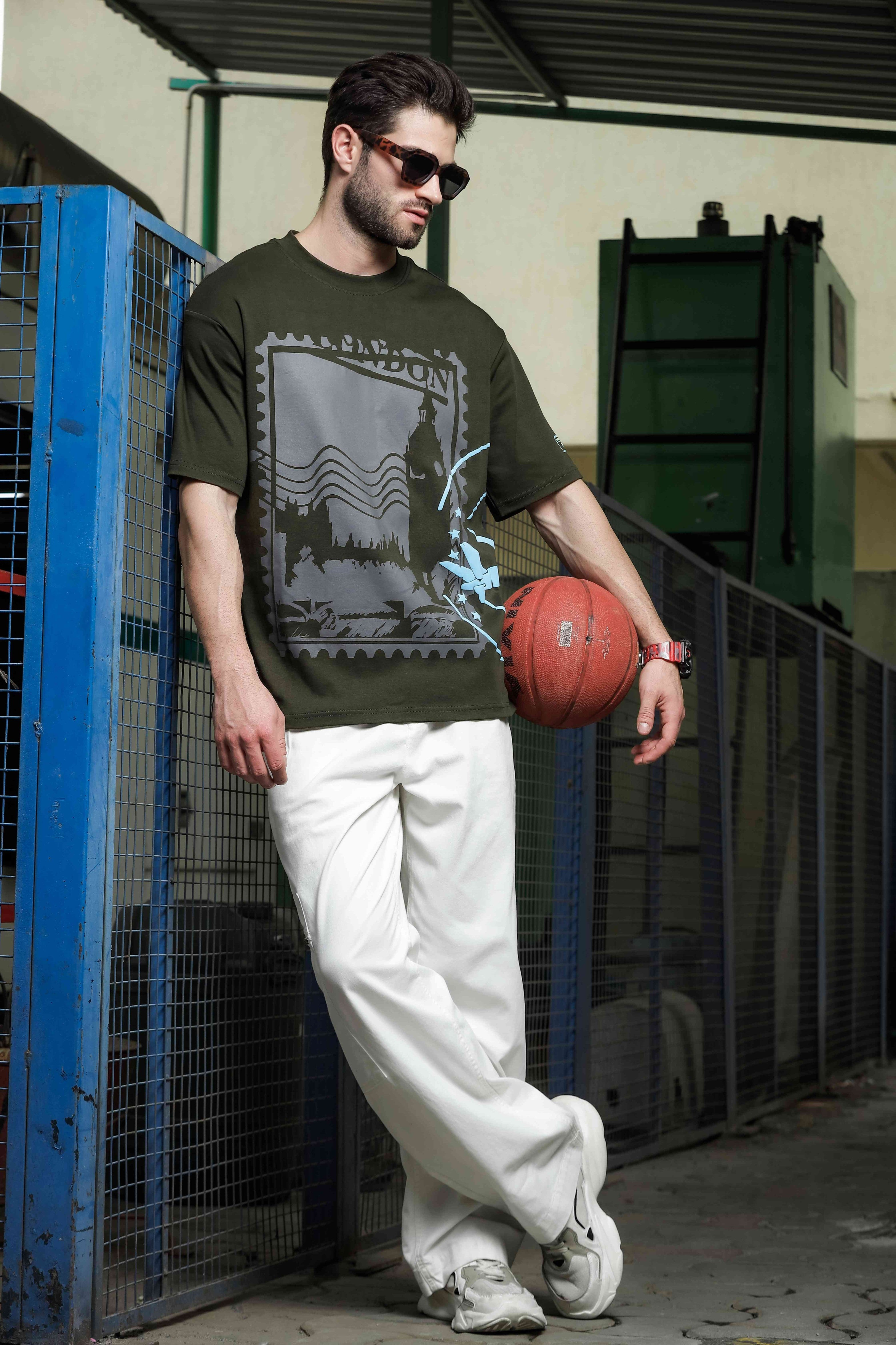 Unisex Olive Oversized Printed T-shirt