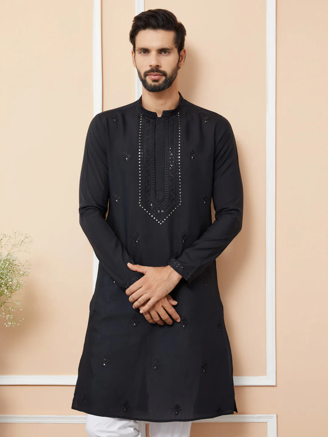 Men Black Embroidered Chanderi Silk Straight Kurta