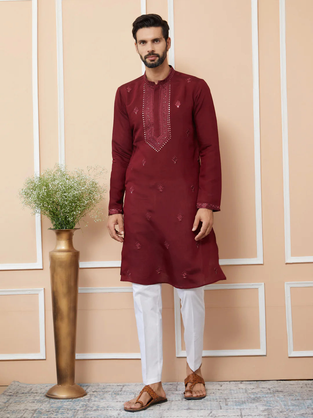 Men Maroon Embroidered Chanderi Silk Straight Kurta