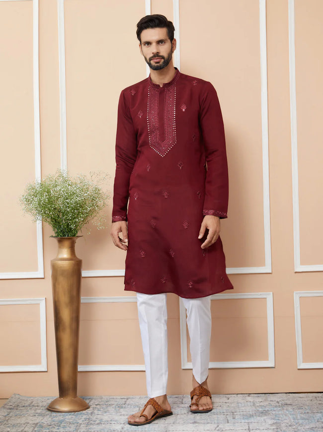 Men Maroon Embroidered Chanderi Silk Straight Kurta