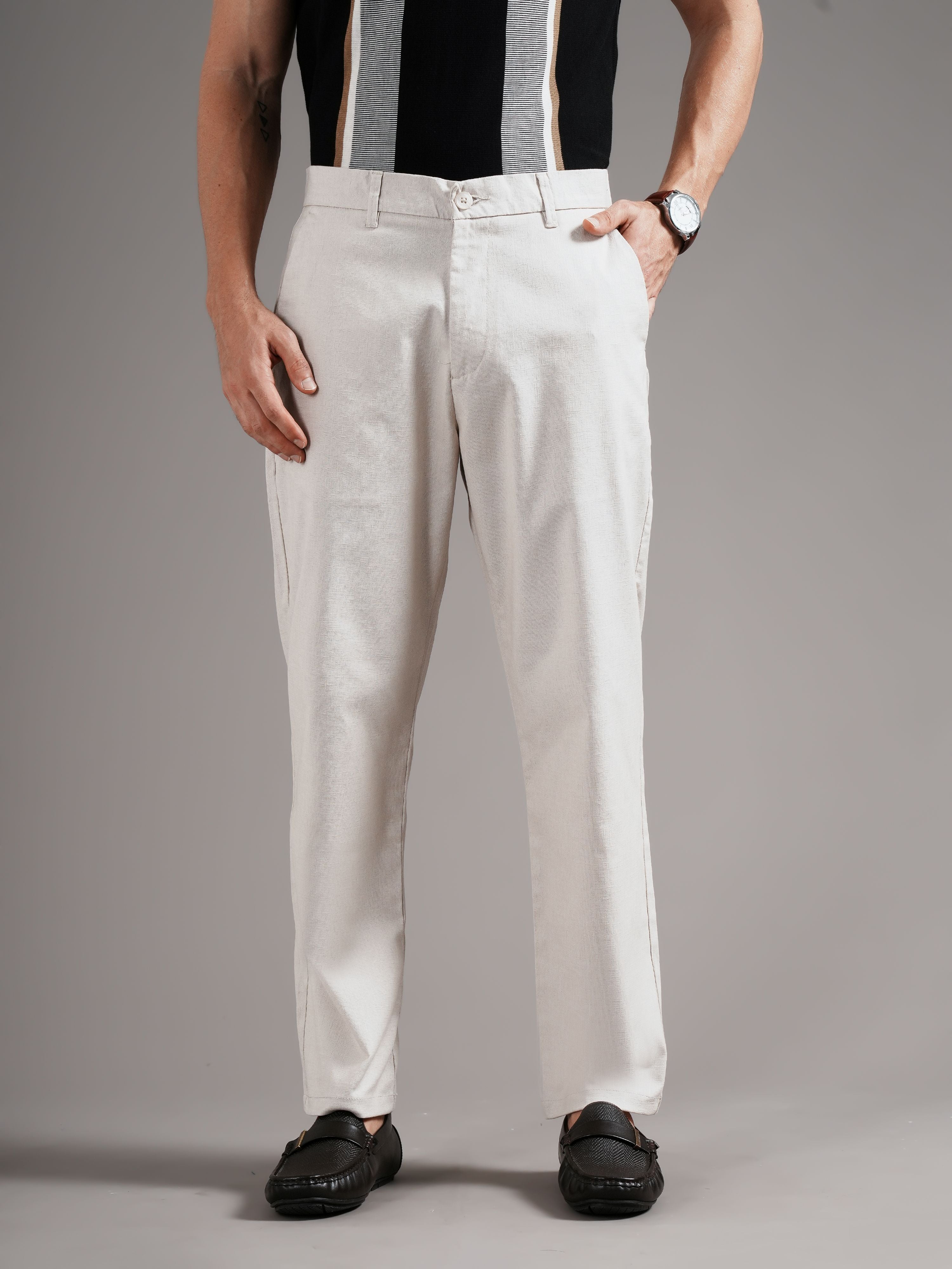 Men Beige Straight Fit Trousers