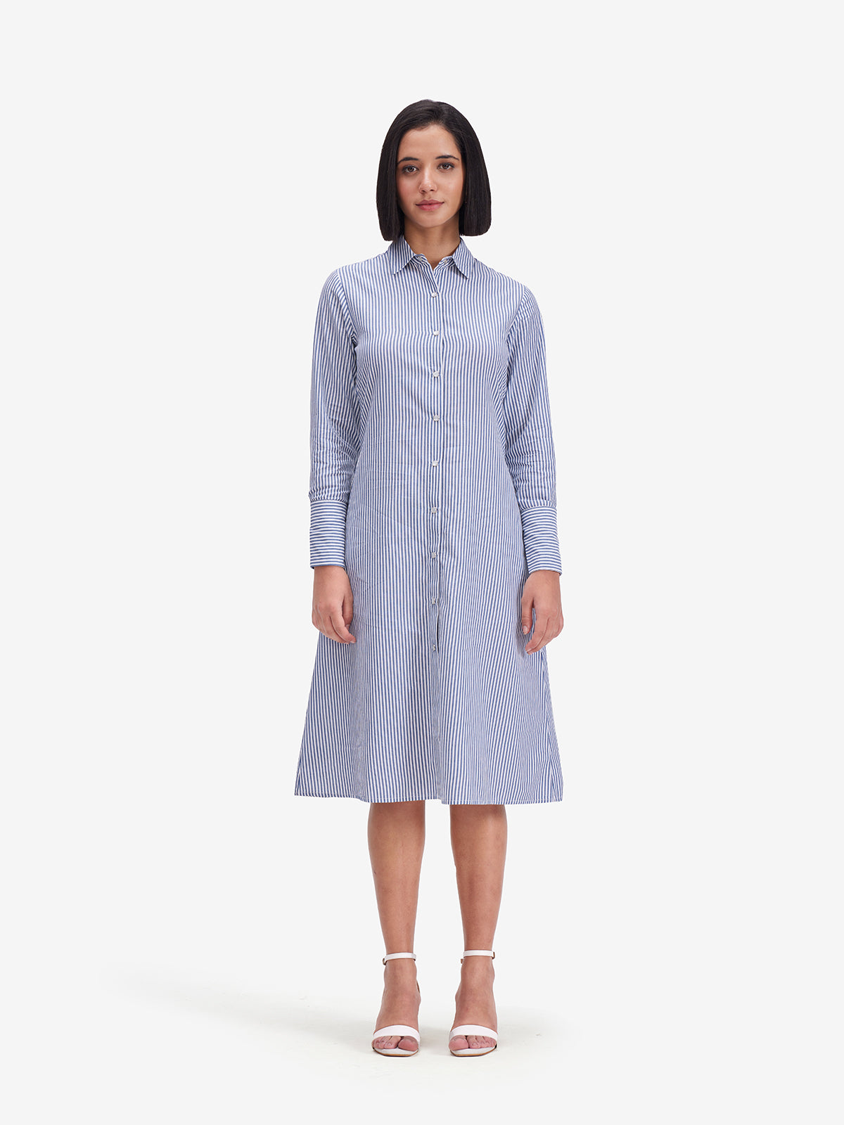 Women Blue Striped Tie-Back Shirt Dress