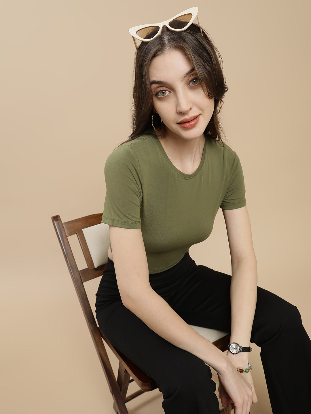 Women Olive Crew Neck Crop Top