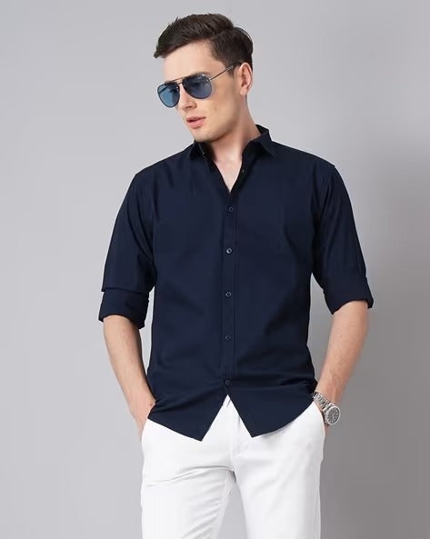 Men Blue Spread Collar Shirt