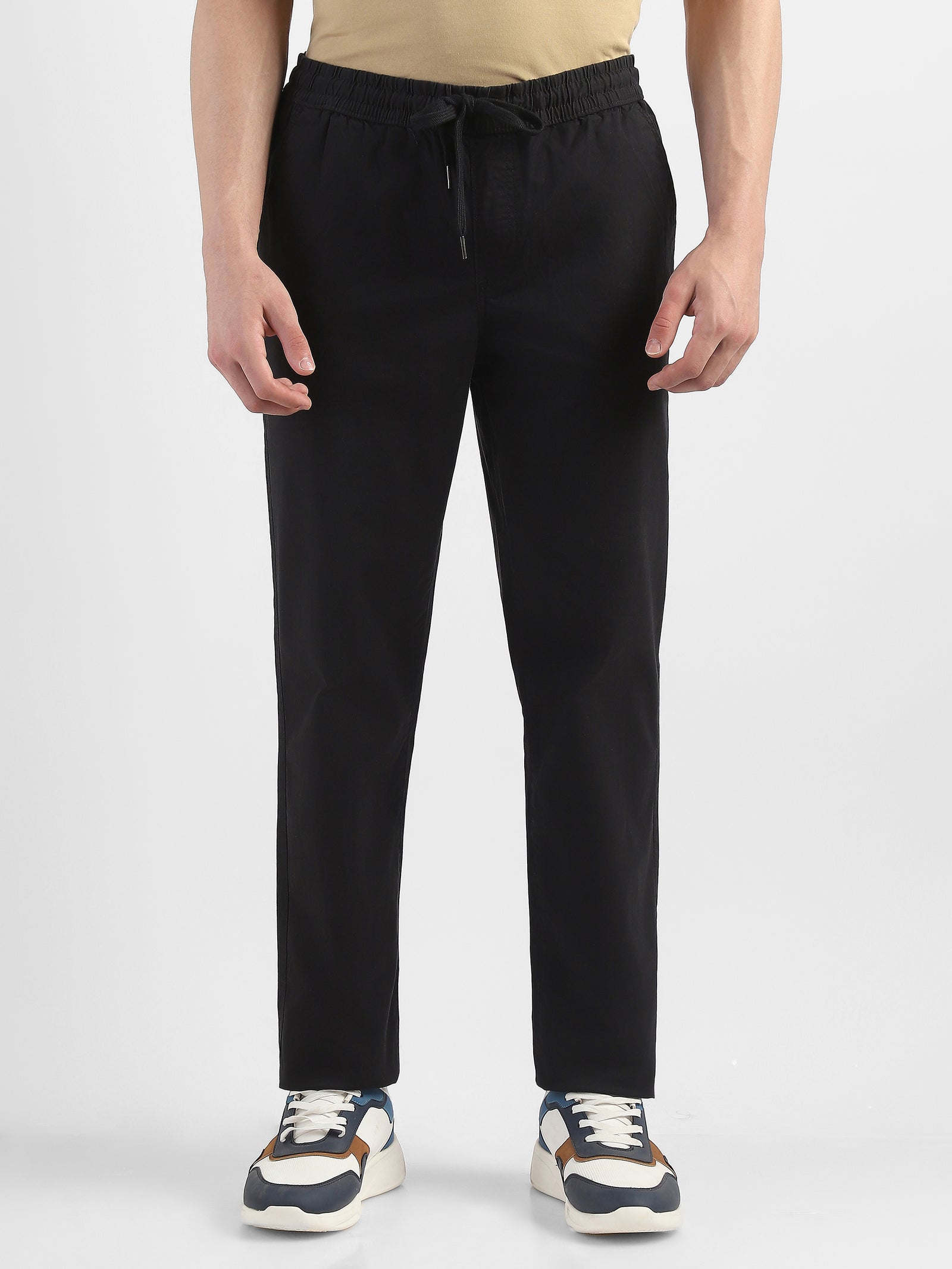 Men Black Cotton Blend Mid-Rise Pants