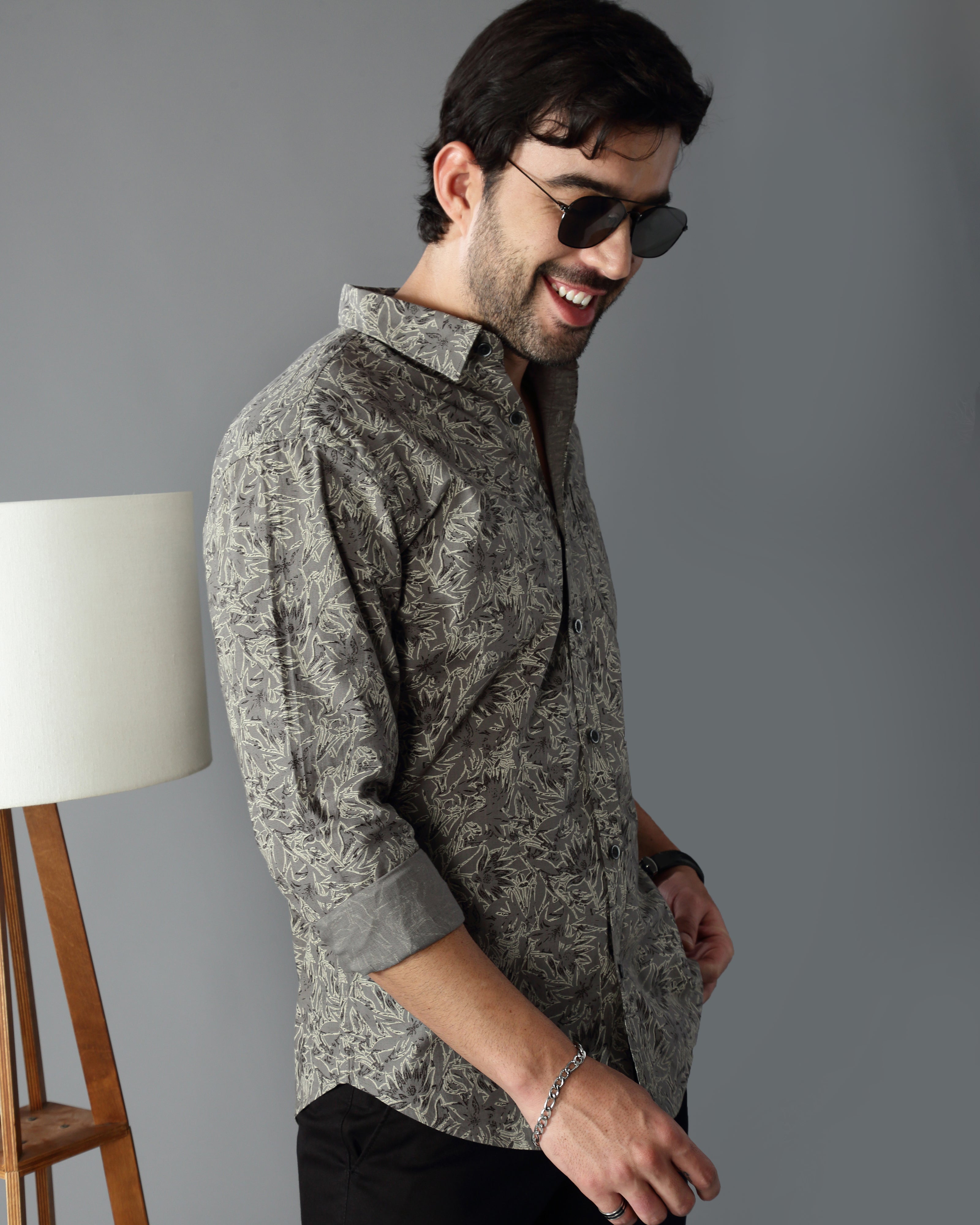 Men Grey Cotton Slim Shirt