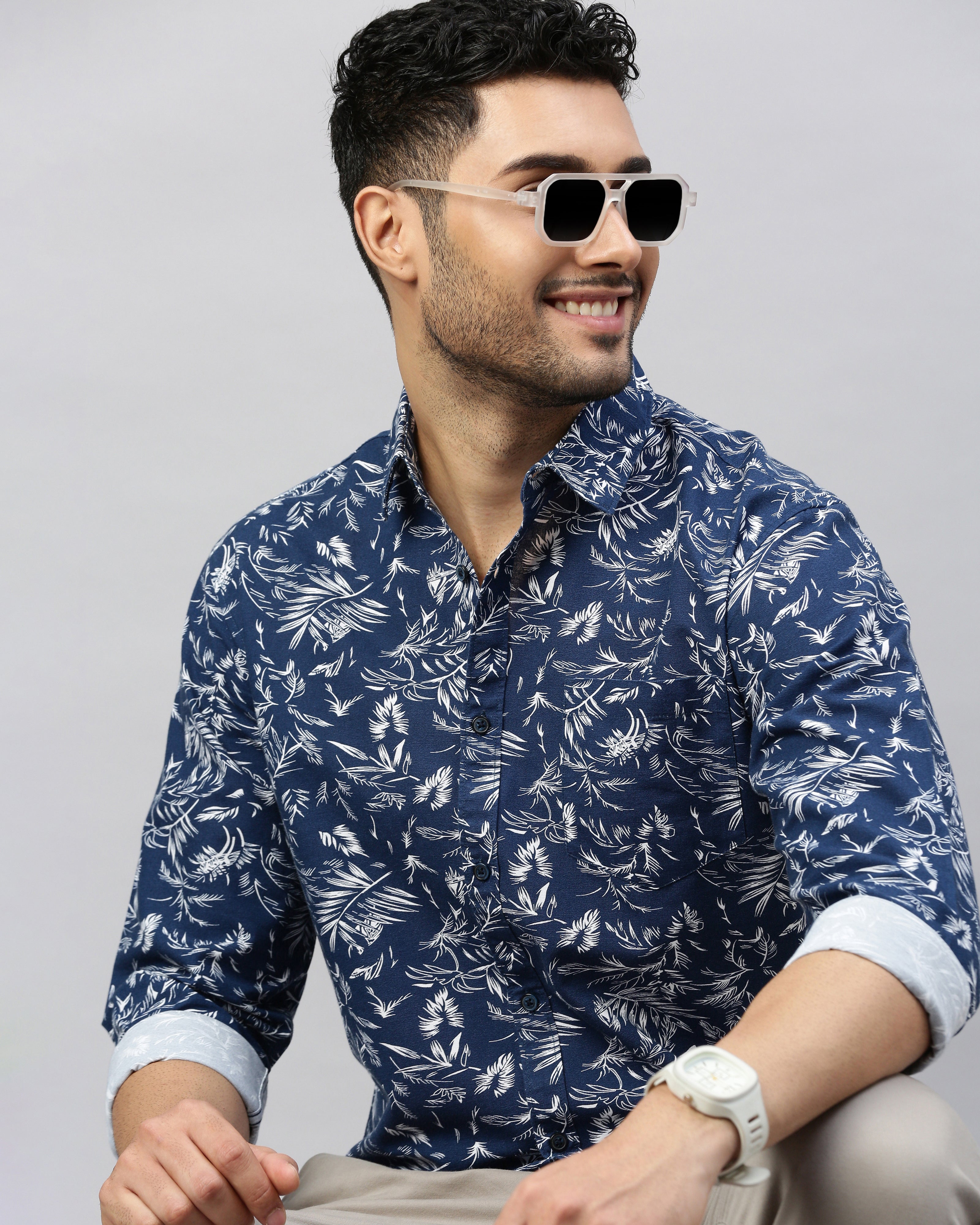 Men Navy Blue Cotton Slim Shirt