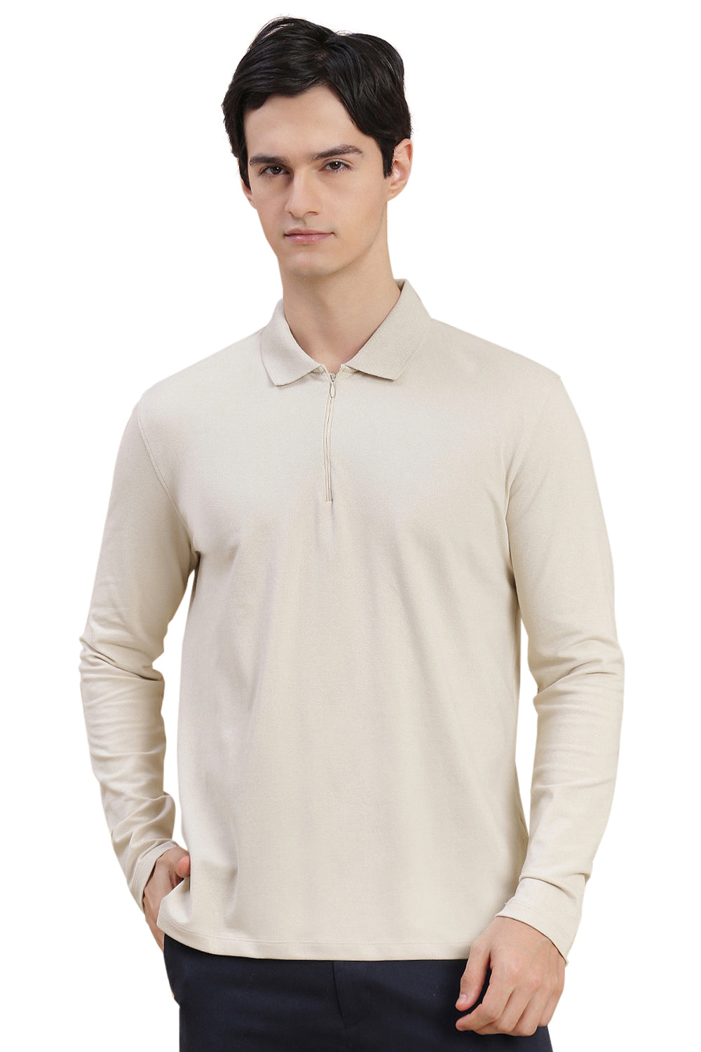 Men Beige Bonded Zipper Polo T-Shirt