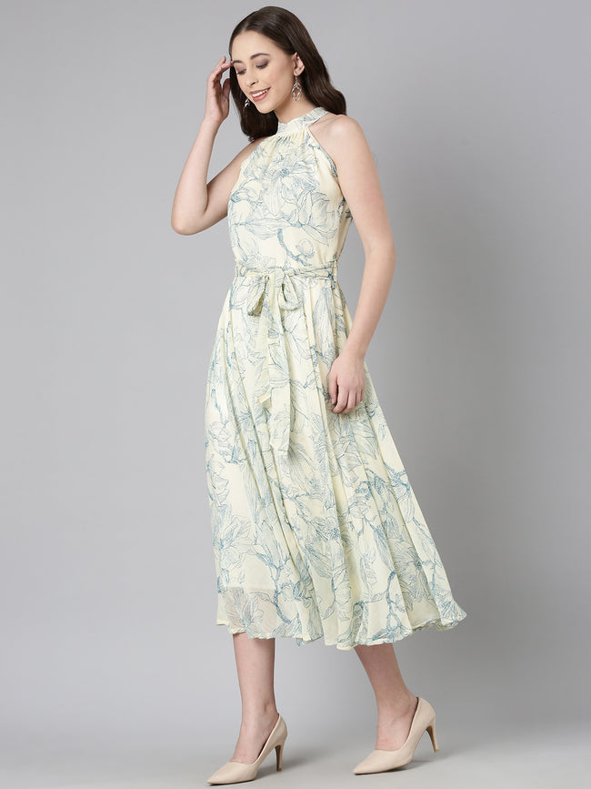 Women Cream Floral Chiffon Maxi Dress