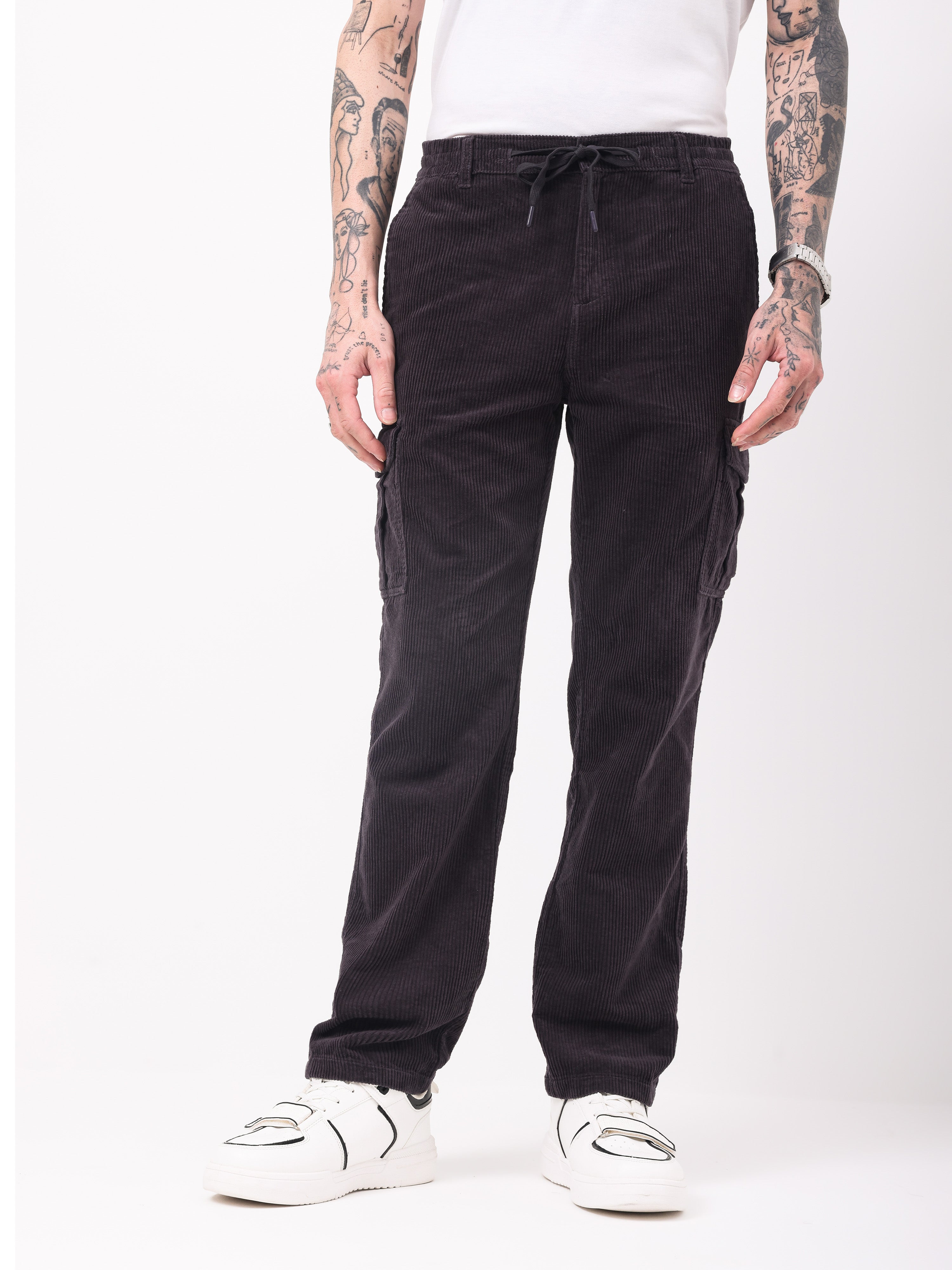 Men Black Corduroy Cargo Pants