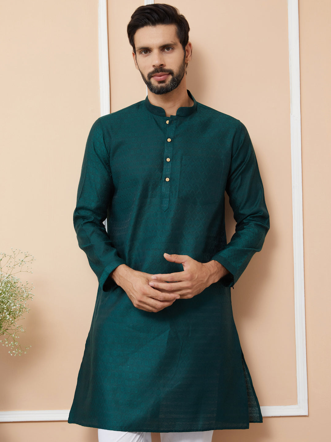 Men Green Ethnic Motifs Silk Jacquard Woven Design Straight Kurta