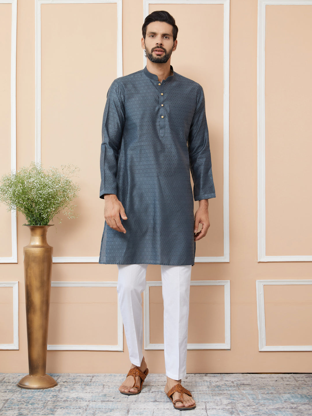 Men Charcoal Ethnic Motifs Silk Jacquard Straight Kurta