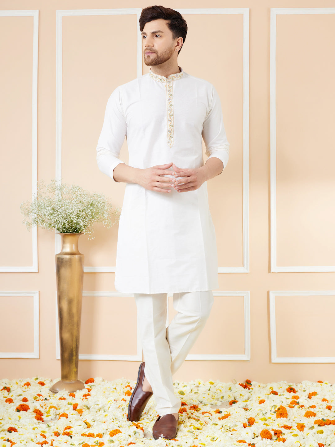 Men Cream Solid Cotton Straight Kurta With Emboridered Neckline