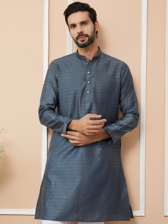 Men Charcoal Ethnic Motifs Silk Jacquard Straight Kurta