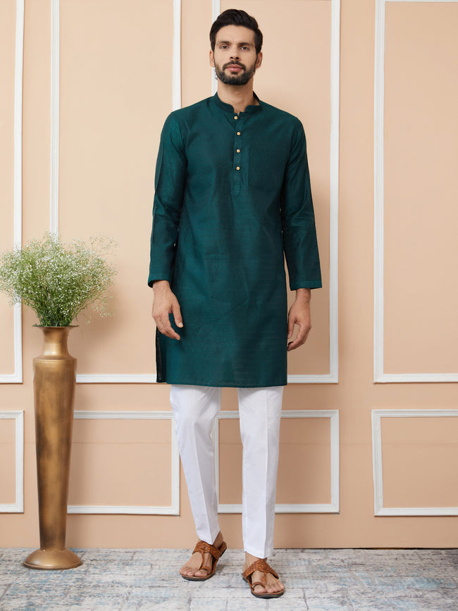 Men Green Ethnic Motifs Silk Jacquard Woven Design Straight Kurta