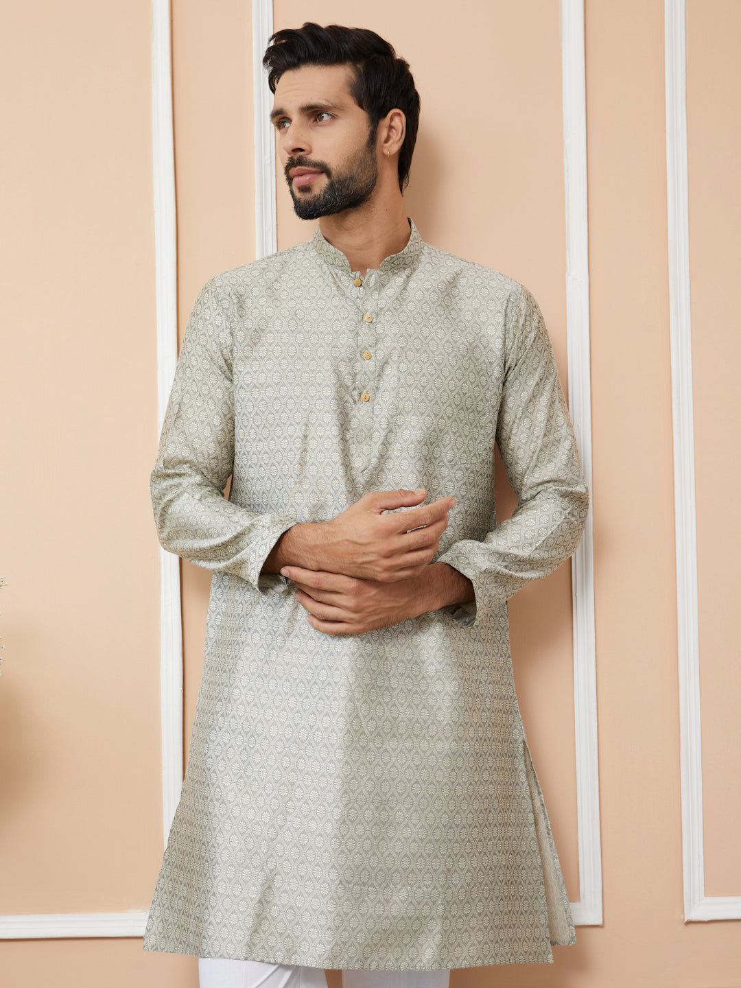 Men Cream Ethnic Motifs Silk Jacquard Woven Design Straight Kurta