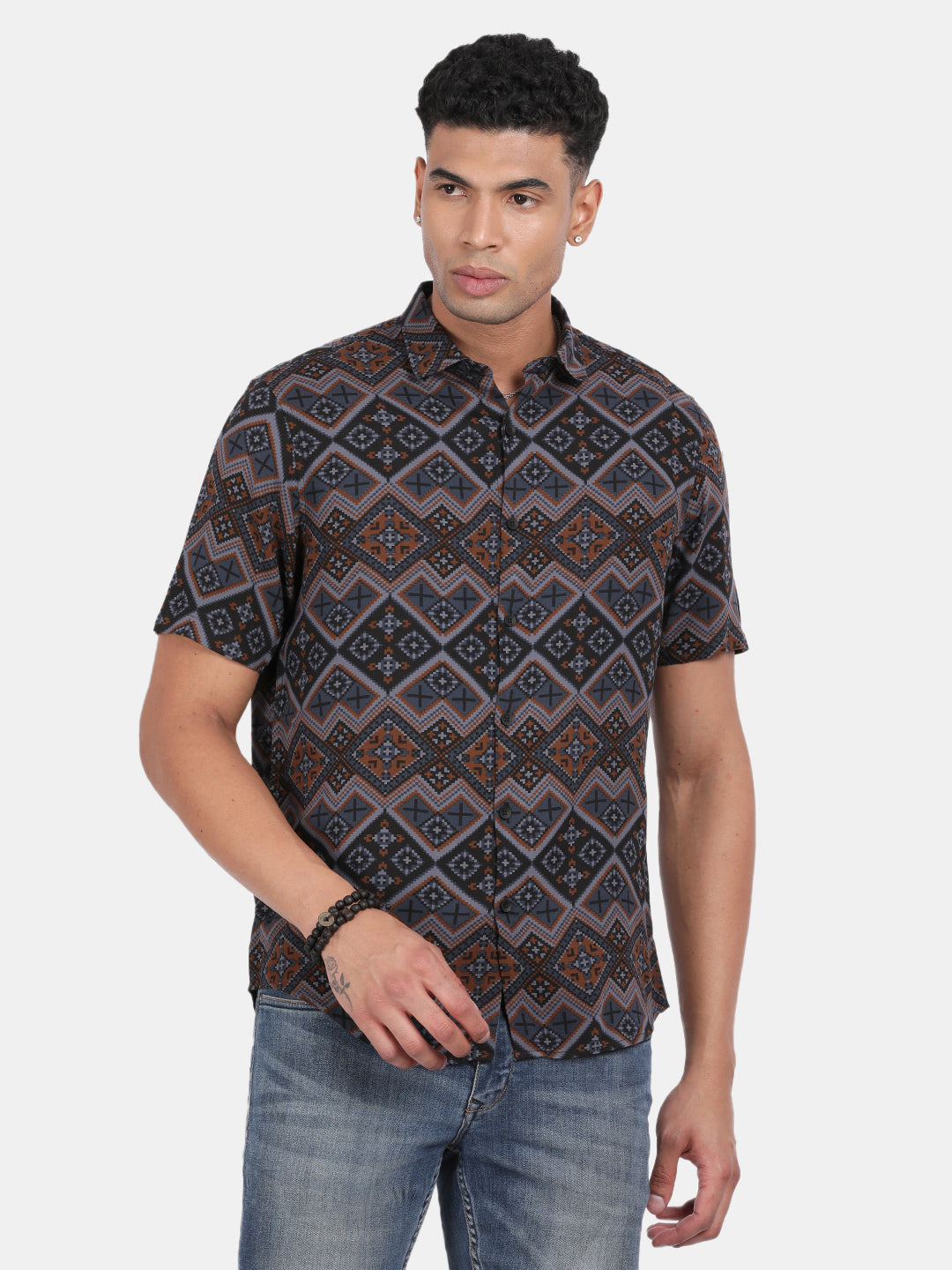 Men Grey Slim Fit Spread Collar Half Sleeve Casual Shirt