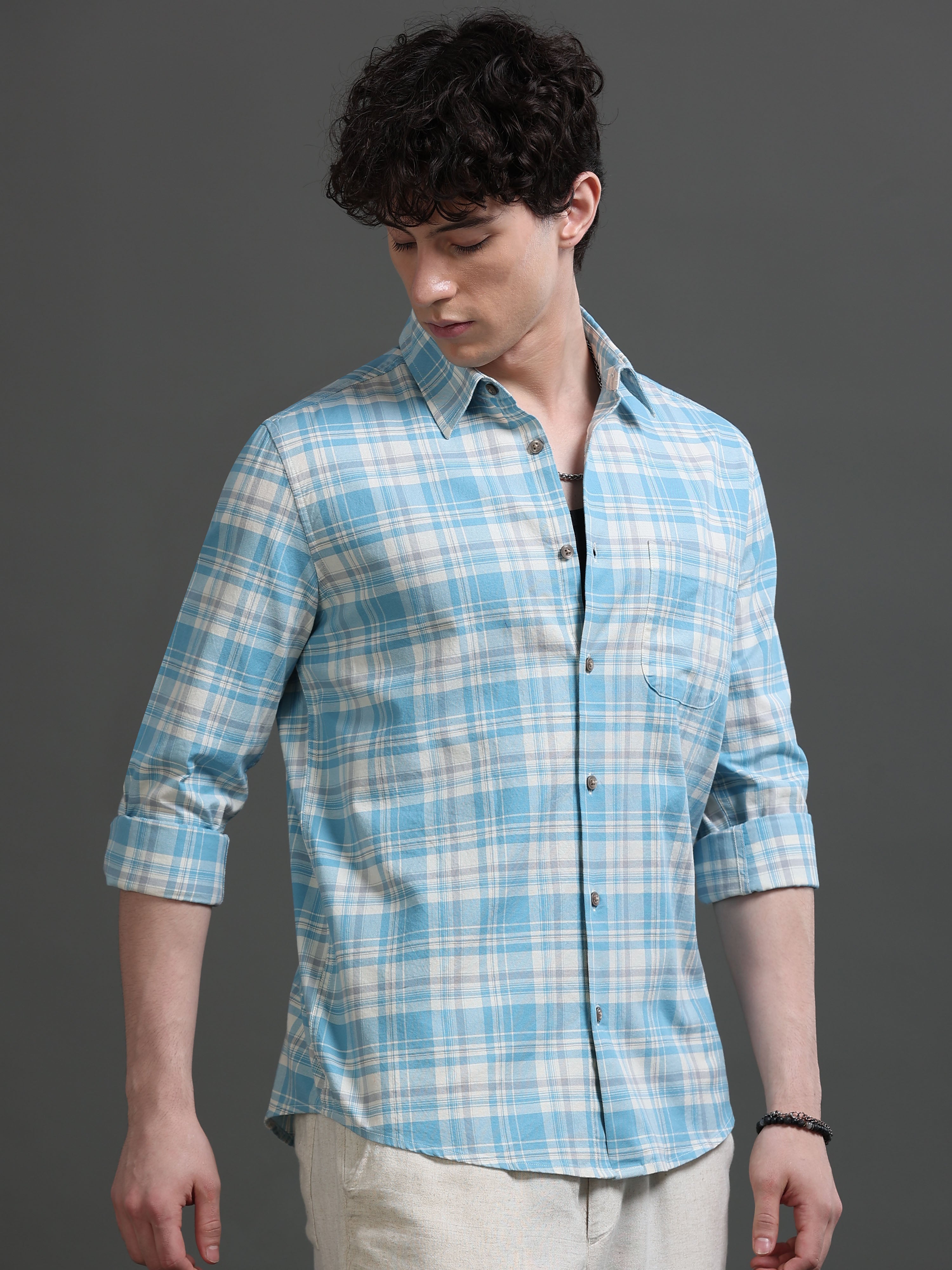 Men Blue Check Shirt