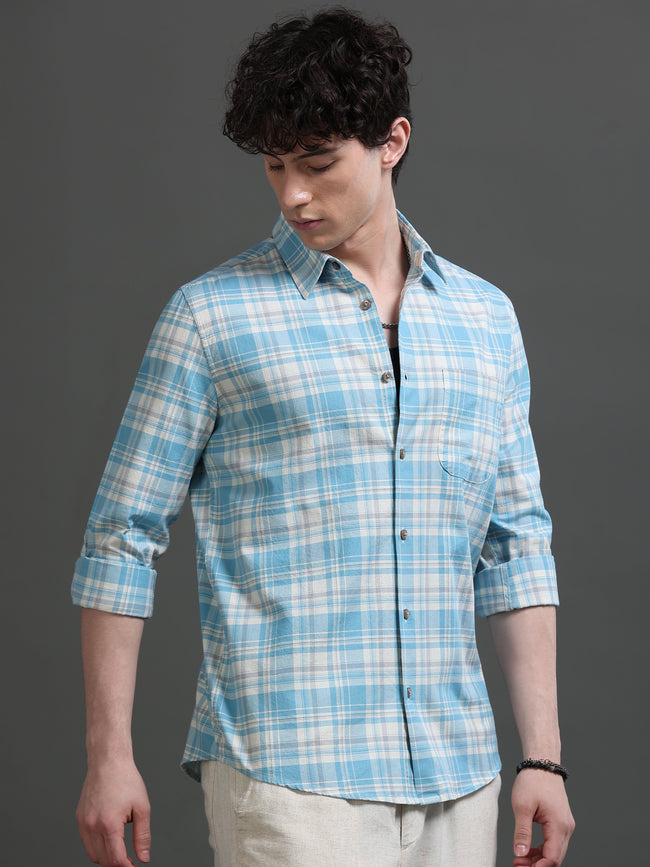 Men Blue Check Shirt