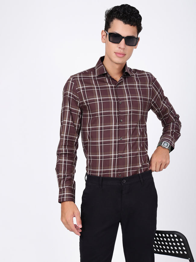 Men Brown Checked Slim Fit Formal Shirt