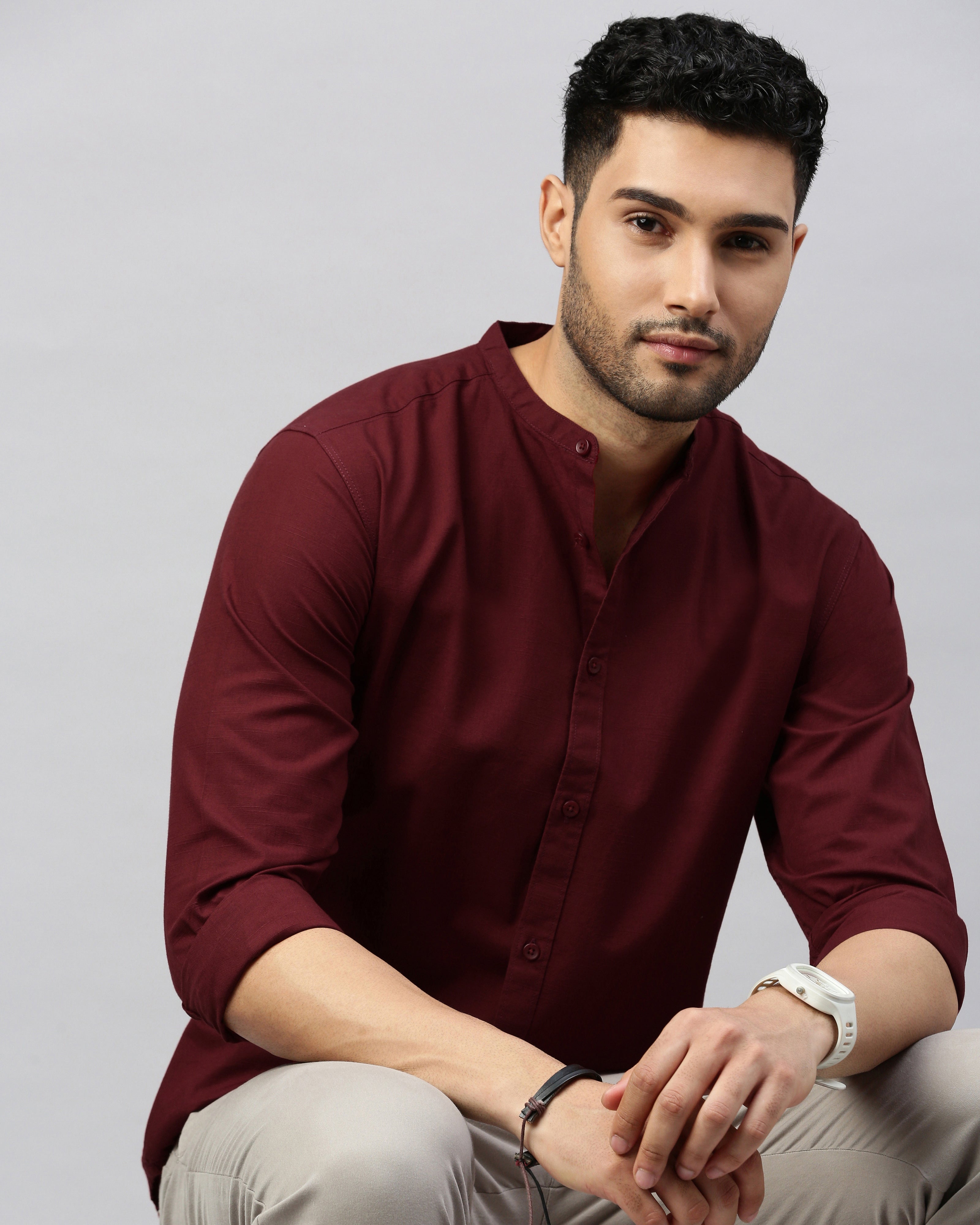 Men Maroon Cotton Slim Shirt