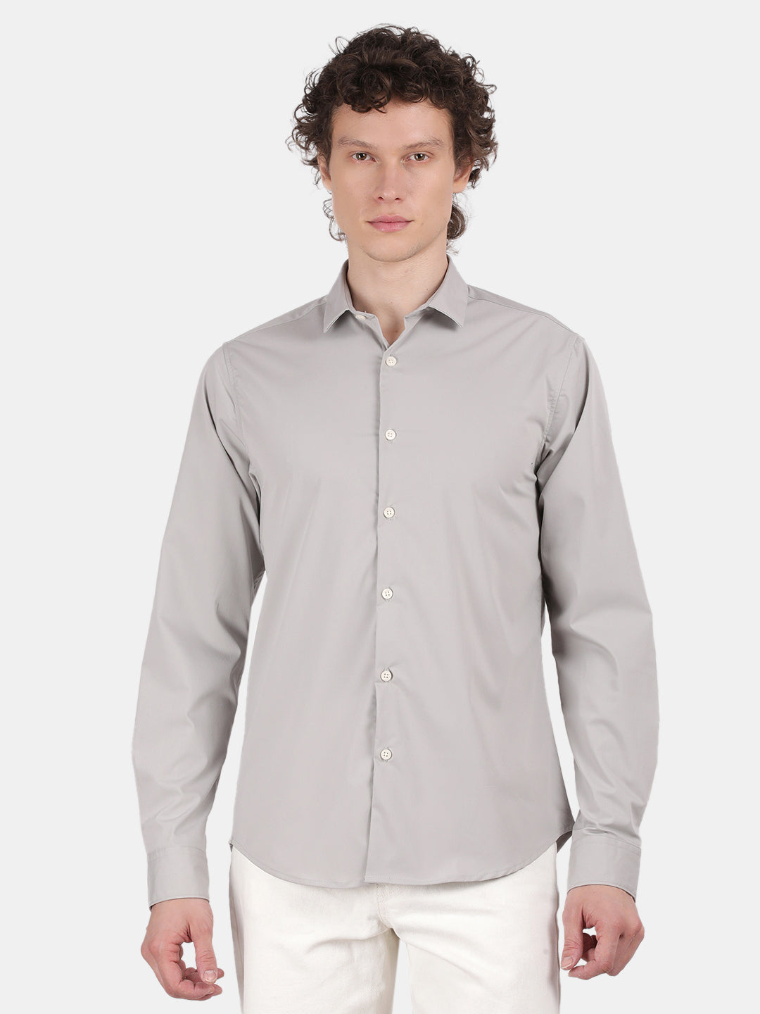 Men Silver Slim Fit Spread Collar Full Sleeve Casual Shirt