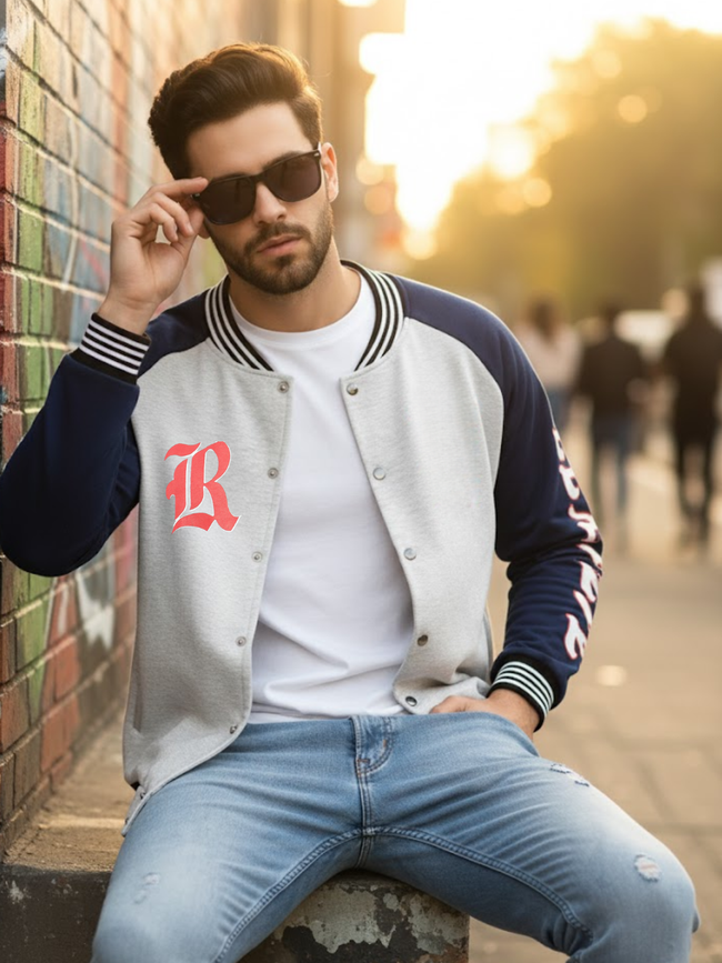 Men Acromelange Oversized Printed Fleece Varsity Jacket