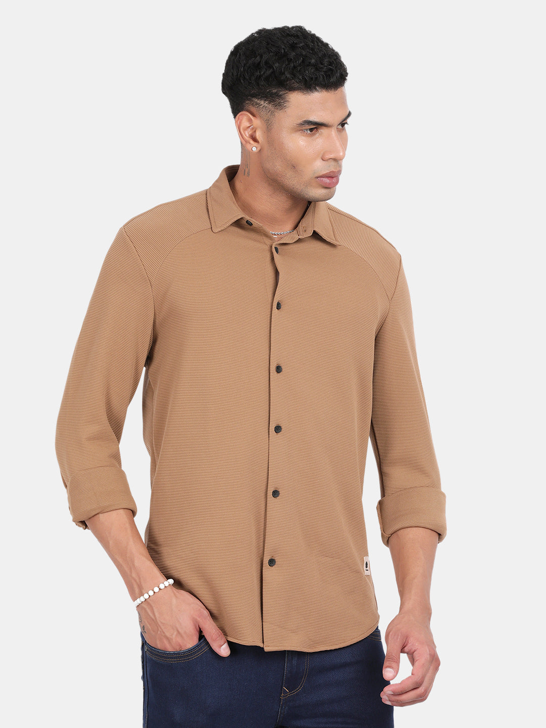 Men Khaki Slim Fit Spread Collar Full Sleeve Casual Shirt