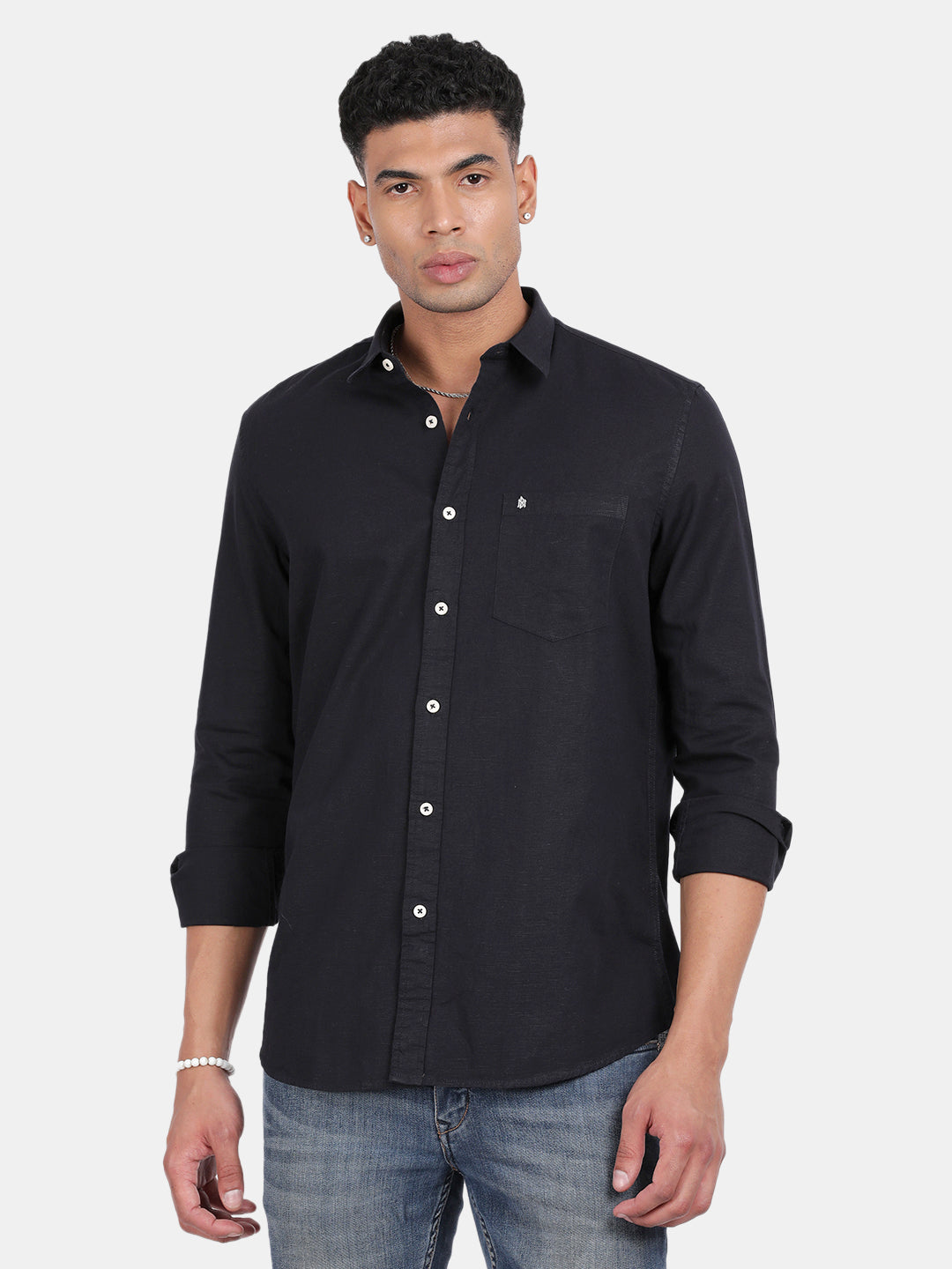 Men Navy Slim Fit Spread Collar Full Sleeve Casual Shirt