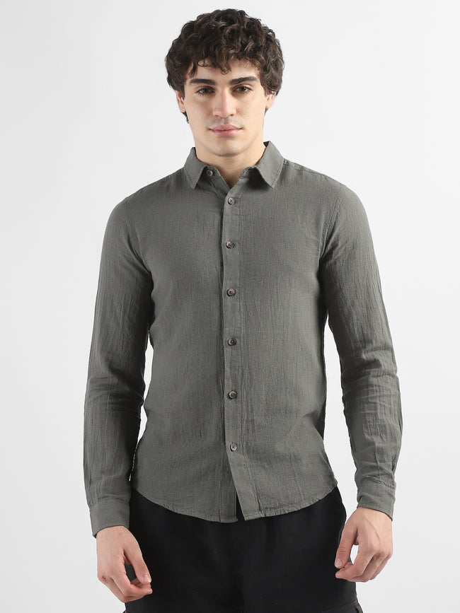 Men Olive Cotton Linen Shirt