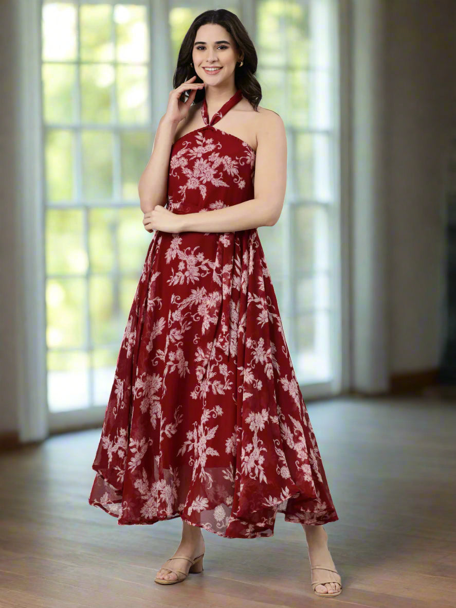 Women Maroon Floral Chiffon Dress