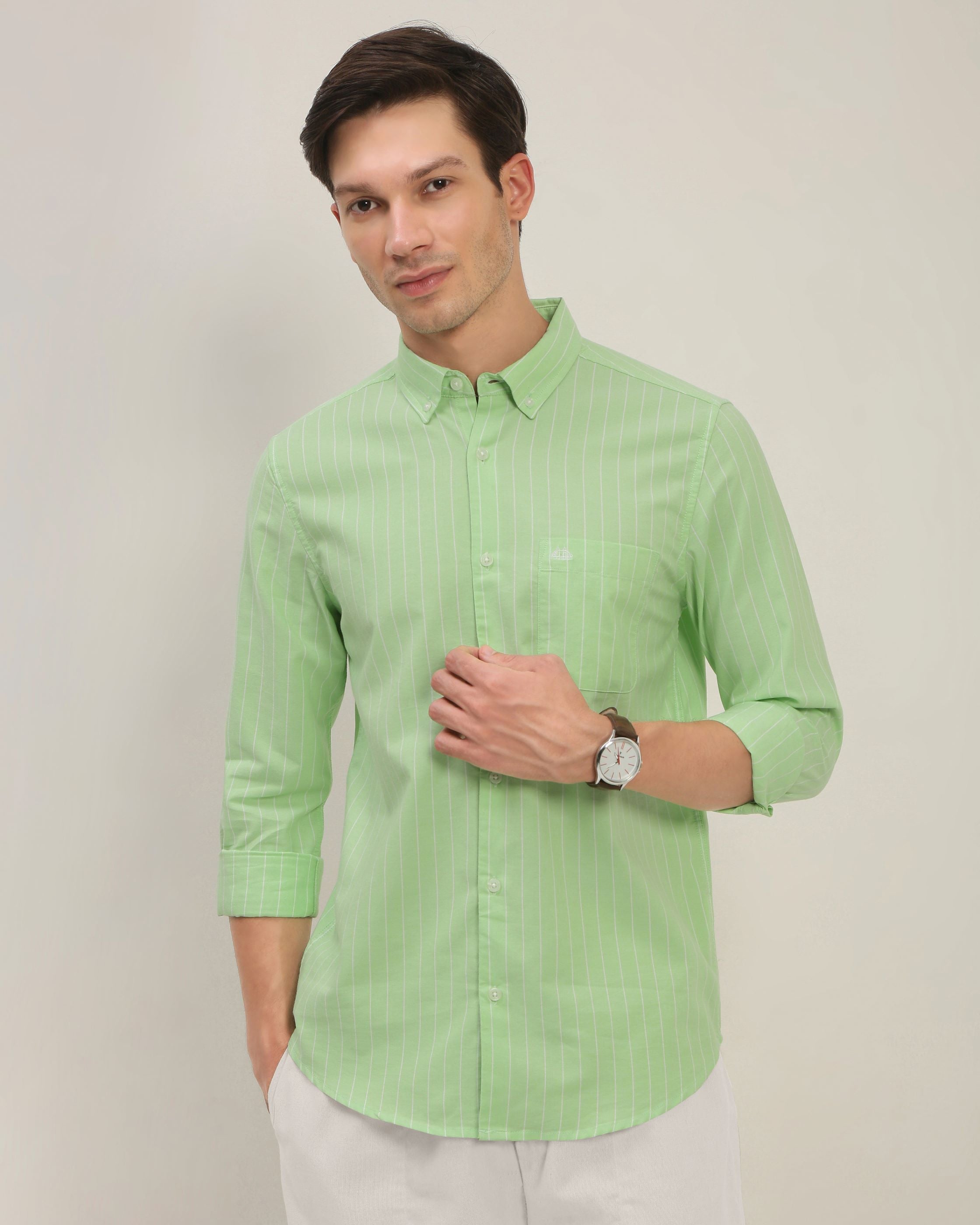 Men Green Striped Shirt